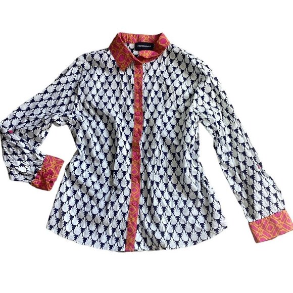 French Curve M Cotton Multicolor Novelty Print Contrast Trim Button-Up Top 180C - Picture 1 of 8